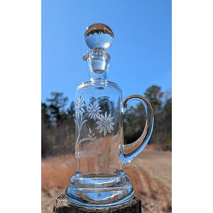 Vintage Romanian Crystal Decanter Etched Floral Daisy 11” w/ Stopper